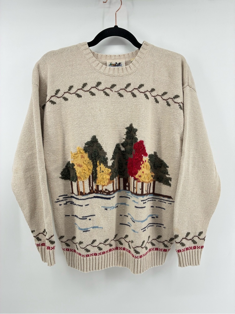 Vintage Northern Reflections Beige Crewneck Sweater with Autumn Tree Design Fall